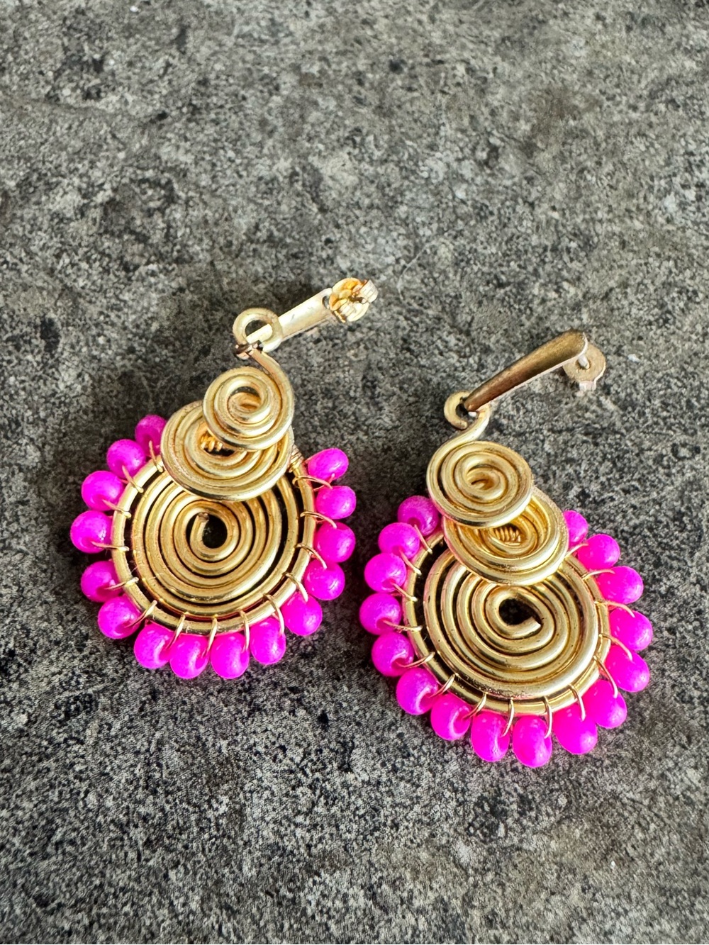 Handmade Gold Filled Wire Spiral Drop Earrings with Hot Fuschia Pink Beads